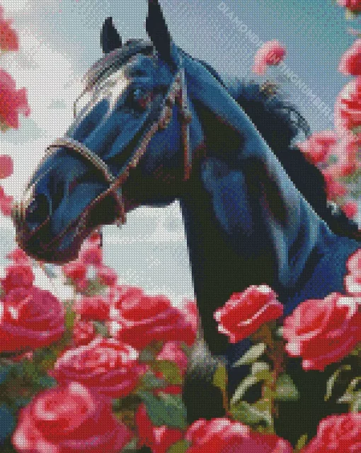 Black Horse With Roses Diamond Painting