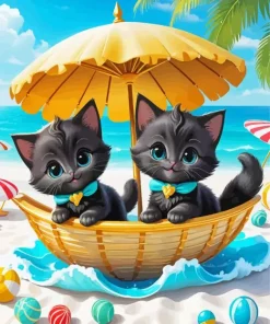 Blue Eyed Black Cats In Beach Diamond Painting