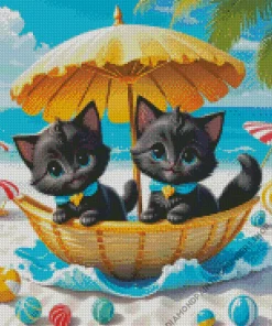 Blue Eyed Black Cats In Beach Diamond Painting