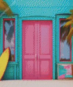 Blue House With Pink Door Diamond Painting