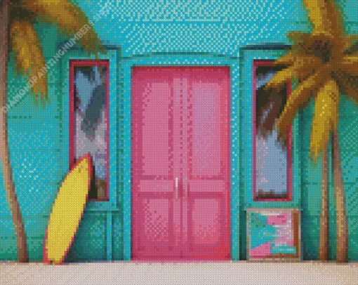 Blue House With Pink Door Diamond Painting