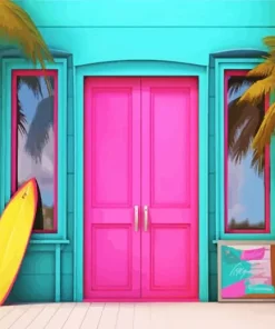 Blue House With Pink Door Diamond Painting