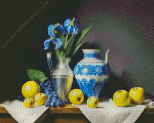 Blue Iris Vase And Apples Diamond Painting