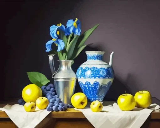 Blue Iris Vase And Apples Diamond Painting