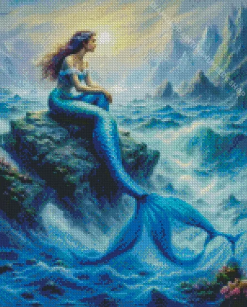 Blue Mermaid On A Rock Diamond Painting