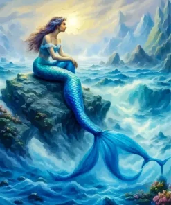 Blue Mermaid On A Rock Diamond Painting