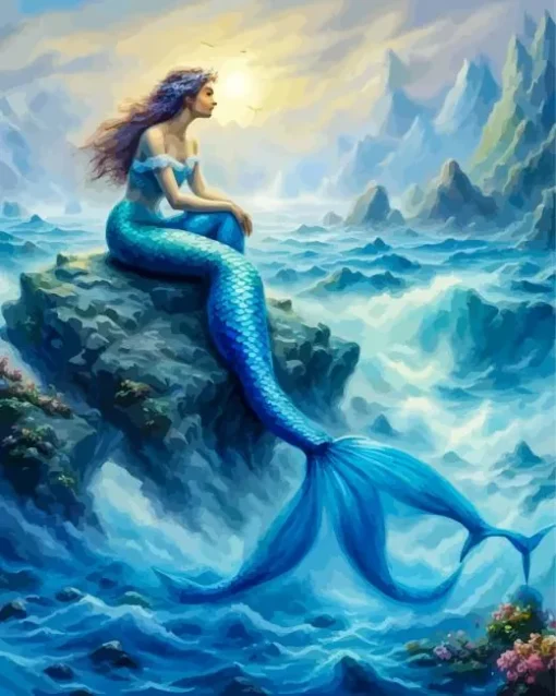 Blue Mermaid On A Rock Diamond Painting