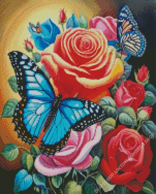 Blue Monarch Butterfly On Rose Diamond Painting