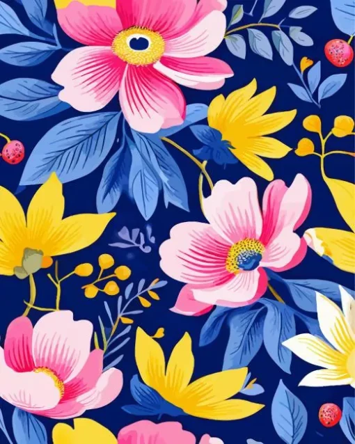Blue Pink And Yellow Flowers Diamond Painting