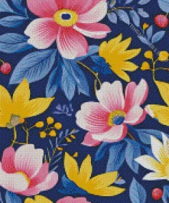 Blue Pink And Yellow Flowers Diamond Painting