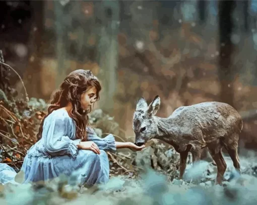 Deer And Girl Diamond Painting