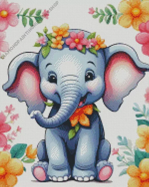 Floral Elephant Cartoon Diamond Painting