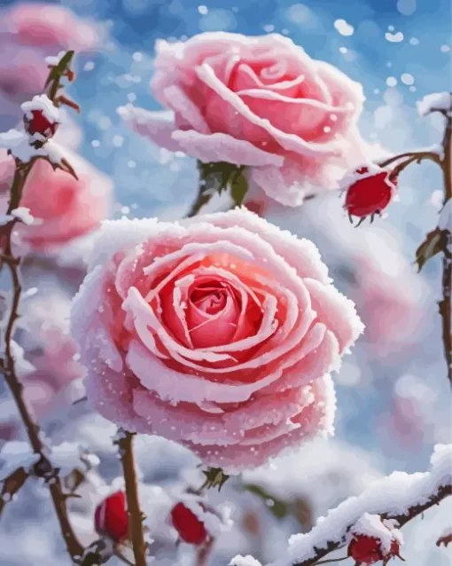 Roses In Snow Diamond Painting