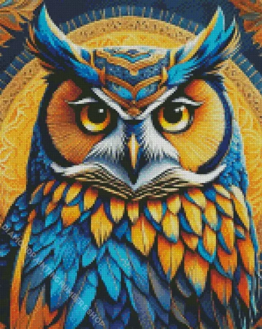 Blue Gold Bohemian Owl Diamond Painting