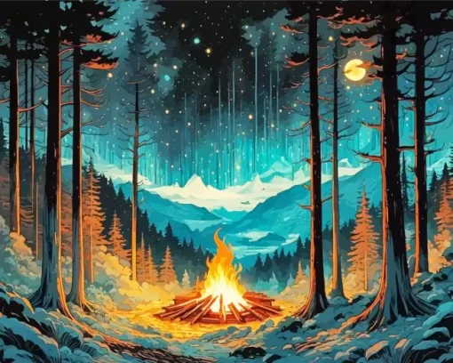 Bonfire In Forest Diamond Painting