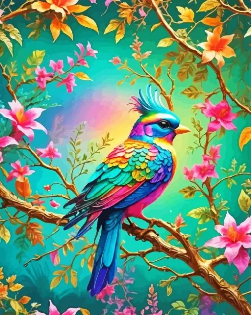 Colorful Bird On Branch Diamond Painting