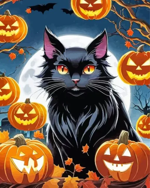 Black Halloween Cat Art Diamond Painting