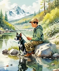 Boy Fishing With Dog Diamond Painting