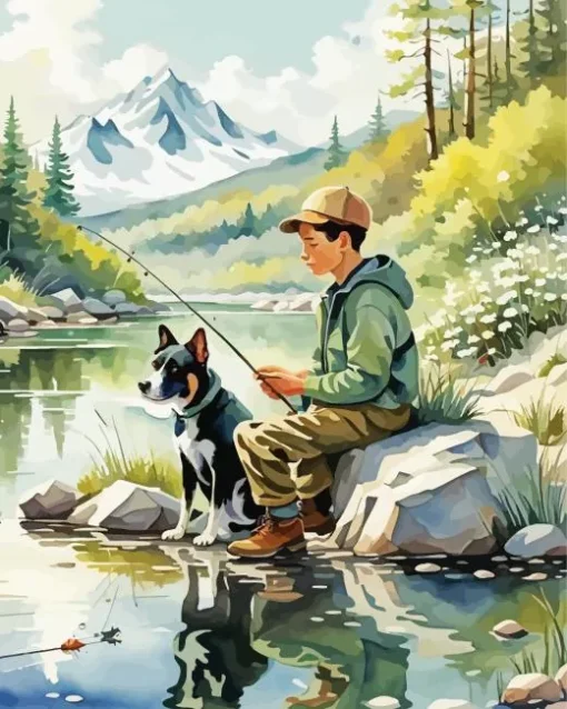 Boy Fishing With Dog Diamond Painting