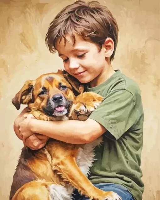 Boy Hugging Dog Diamond Painting