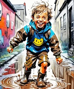 Boy Jumping In Puddle Diamond Painting