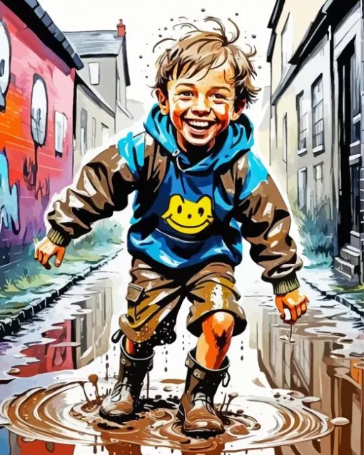 Boy Jumping In Puddle Diamond Painting