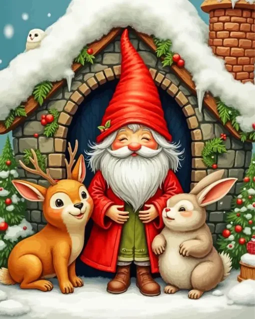 Christmas Gnome And Animals Diamond Painting