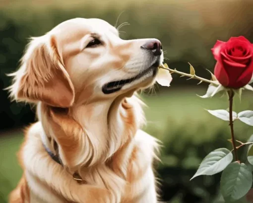 Dog Holding A Rose Diamond Painting