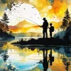 Father And Son Fishing Silhouette Art Diamond Painting