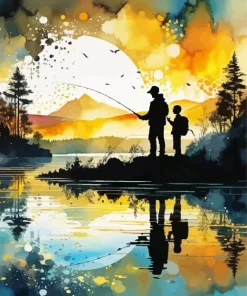 Father And Son Fishing Silhouette Art Diamond Painting