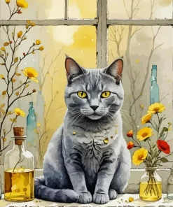Grey Cat In Window Diamond Painting