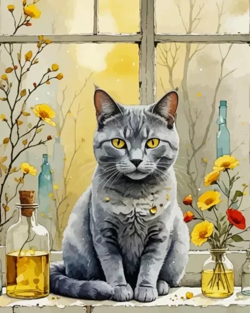 Grey Cat In Window Diamond Painting