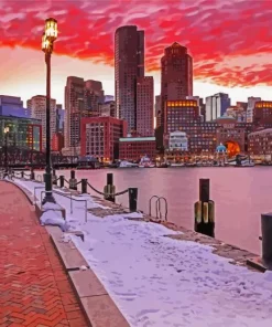 Sunset Boston Skyline In Winter Diamond Painting