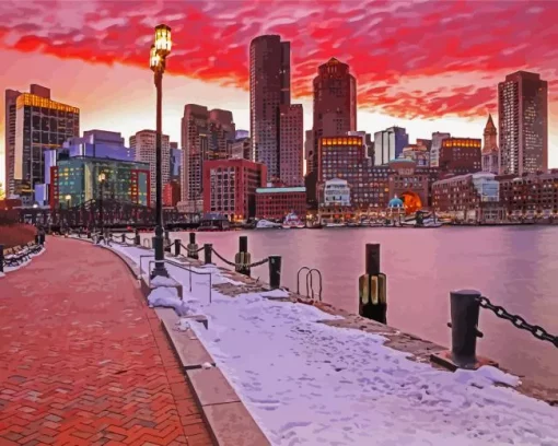 Sunset Boston Skyline In Winter Diamond Painting