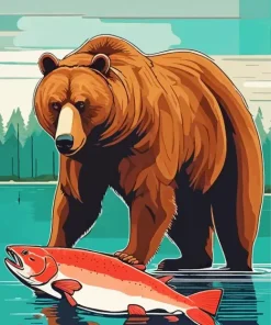 Brown Bear And Fish Art Diamond Painting