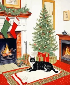 Fireplace Christmas Cat Diamond Painting