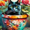 Flowerpot And Black Cat Diamond Painting
