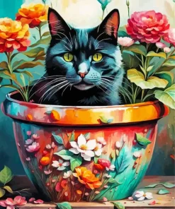 Flowerpot And Black Cat Diamond Painting
