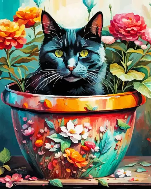 flowerpot and black cat Diamond Painst Flowerpot And Black Cat Diamond Painting