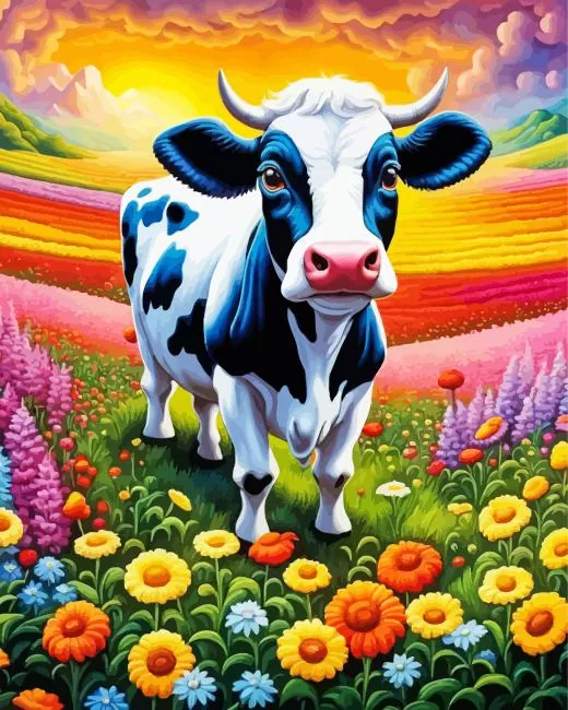 flowers and cute cow Diamond With Numbers Flowers And Cute Cow Diamond Painting