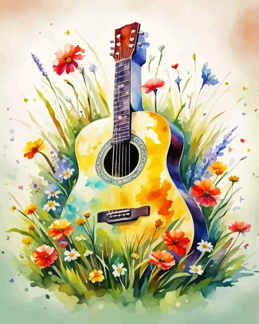 flowers guitar Diamond With Numbers Flowers Guitar Diamond Painting