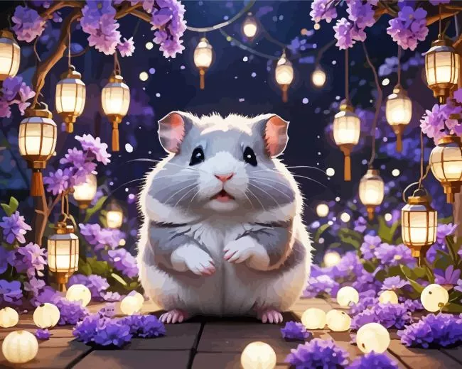 purple flowers and hamster Diamond With Numbers Purple Flowers And Hamster Diamond Painting