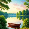 Brown Boat By The Lake Diamond Painting