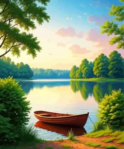 Brown Boat By The Lake Diamond Painting