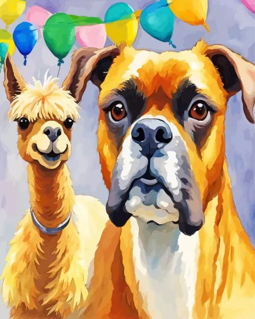 brown boxer dog with llama Diamond Paints Brown Boxer Dog With Llama Diamond Painting