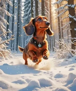 Brown Fluffy Dachshund In Snow Diamond Painting