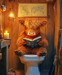 Brown Highland Calf Reading Book Diamond Painting