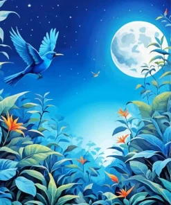 Flying Blue Bird And Full Moon Diamond Painting