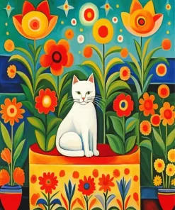 Folk Art White Cat Diamond Painting