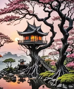 Forest Mystical Tree House Diamond Painting